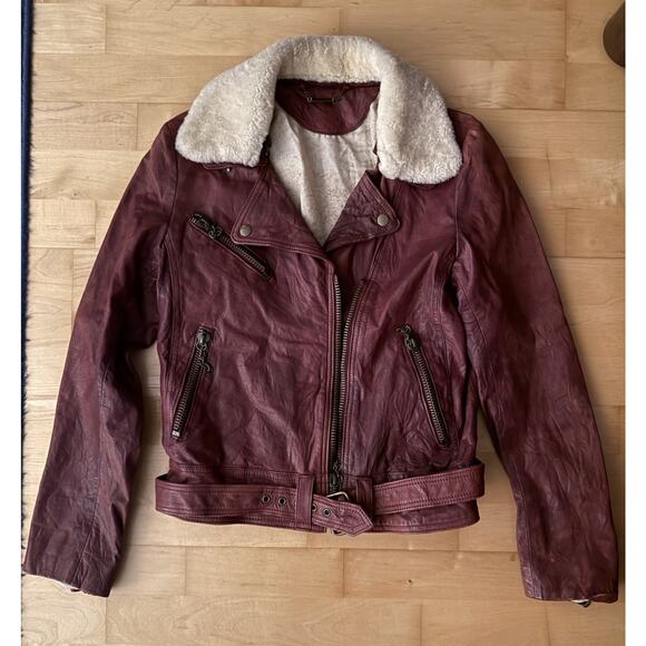 Milla Burgundy Red Leather Moto Jacket Shearling Removable Collar Aviator M - Picture 1 of 5